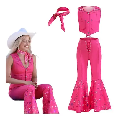 (12-13 Years) Girls Barbie Costume Pink Vest Long Flared Pants Trousers With Scarf Movie Cosplay