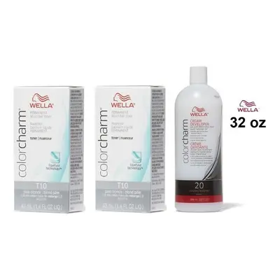 (T10+T10+Dev(Vol.20)32oz) Wella Color Charm T10 Pale Blonde Hair Toner