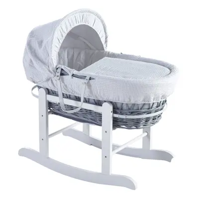 White Waffle Grey Wicker Moses Basket with Rocking Stand Deluxe White