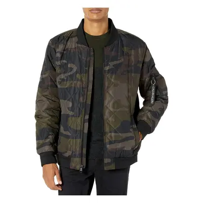 Calvin Klein Men's Quilted Zipper Detail Flight Jacket Olive Camo Me