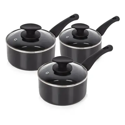 Tower T81507 Essentials Pot Set 16, and cm, Ceramic Coating and Glass Lids, Piece, Black