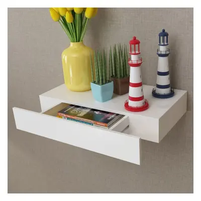 vidaXL Floating Wall Display Shelf Drawer Book/DVD Storage White MDF cm