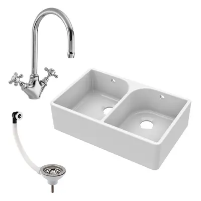 795mm - Double Bowl Fireclay Butler Kitchen Sink - Full Weir, Mono Mixer Tap & Wastes