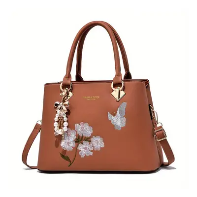 Butterfly & Flower Embroidered Tote Bag Classic Satchel Bag Womens Versatile Bag For Work