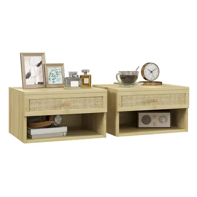 Floating Nightstands Set of with Rattan Drawer and Storage Shelf for Bedroom