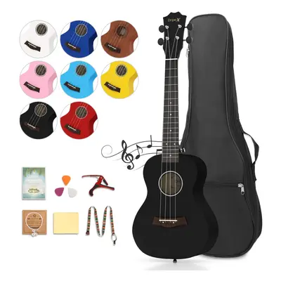 Black Concert Ukulele Inch Ukulele with Beginner Kit (Ukulele Bag, Strap, Capo, Clean Cloth, Spa