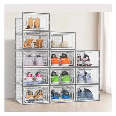 (Grey) Neo pcs Large Shoe Storage Box Boxes Transparent Clear Plastic Stackable Organiser Contai