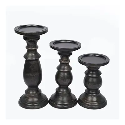 Set of Farmhouse Mango Wood Candle Holders, in Black Finish for Table Centerpiece Candle for Any