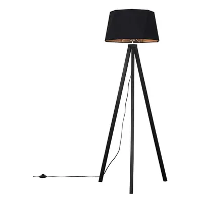 Modern Black Wood Tripod Design Floor Lamp with a Matt Black/Copper Geometric Shade - Complete w