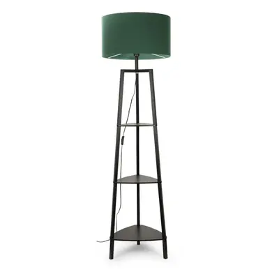 ValueLights Hiru Matt Black Tier Shelf Floor Lamp with Large Forest Green Shade