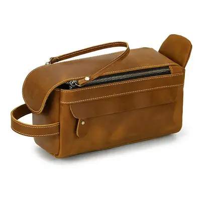 (9522 Light Brown) Genuine leather toiletry travel bag for men women black luxury style makeup b