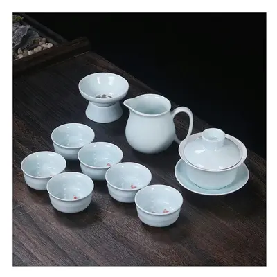 (10 piece covered bowl set - Jade blue celadon hairtail, Universal version) Ruyao Tea Set, Tea T