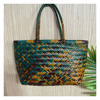 (Type B blue mixed, Large cm long) Handbags Women's Genuine Leather Shoulder Bag Weaving Casual 