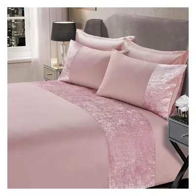 (King, Blush Pink) Crushed Velvet Panel Band Duvet Cover with Pillow Case Bedding Set - Silver G