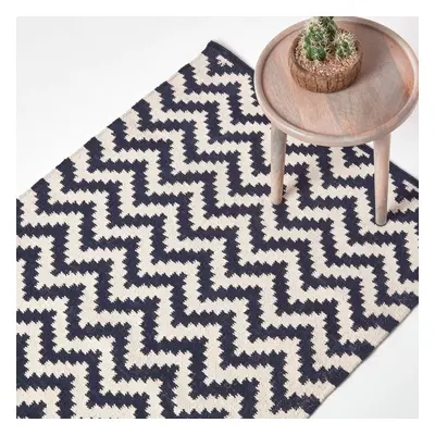 (160 x cm) Casablanca Handwoven Zig Zag Pattern Dark Blue and White 100% Cotton Kilim Rug