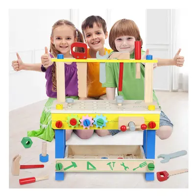 Kids Wooden Work Tool Bench Set Pretend Play Hammer Wrench Blocks Toys for Kids Xmas Gift