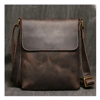 (Dark Brown, 22X19X3cm) Genuine Leather Daily Casual Shoulder Bag for Men Small Dark Brown Vinta