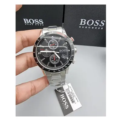 NEW GENUINE HUGO BOSS RAFALE SILVER &BLACK TONE MEN'S WATCH