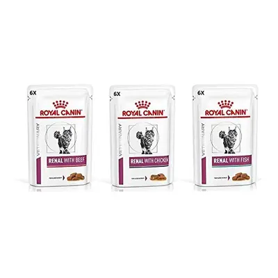 Royal Canin Feline Renal Mix of 6x Tuna 6x Chicken 6x Beef Cat Food each 85gram (Pack of 18)