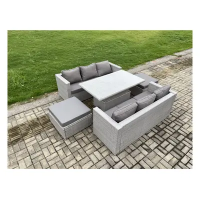 Fimous PE Rattan Garden Funiture Set Height Adjustable Rising Lifting Table Sofa Dining Set with