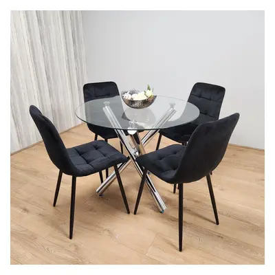 Round Chrome Metal Clear Glass Table and Black Tufted Velvet Chairs