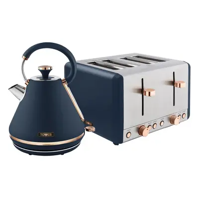 Tower Cavaletto Kitchen Set, 1.7L Rapid Boil Kettle & Slice Toaster, Midnight Blue and Rose Gold