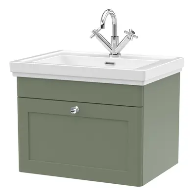 Traditional Wall Hung Drawer Vanity Unit with Tap Hole Fireclay Basin, 600mm - Satin Green