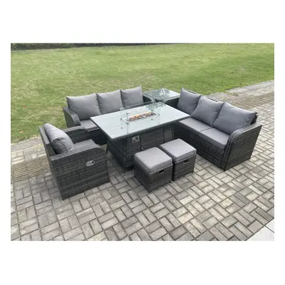 Fimous Rattan Outdoor Furniture Gas Fire Pit Dining Table Gas Heater Seater Sofa Sets with Side 