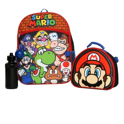 Nintendo Super Mario Bros. Backpack Set for Boys & Girls Kids 16"" School Bag with Front Zip Poc