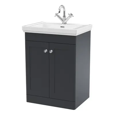 Traditional Floor Standing Door Vanity Unit with Tap Hole Fireclay Basin, 600mm - Soft Black