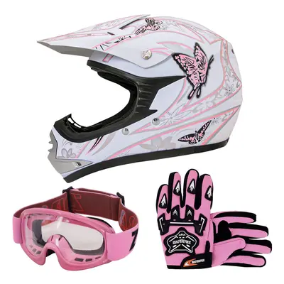 (Pink Butterfly, XL) ZORAX X18 Kids Motocross MX Helmet Motorbike Gloves Goggles