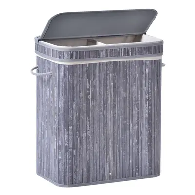 HOMCOM 100L Wood Laundry Basket w/ Split Compartment Lid Removable Lining Grey