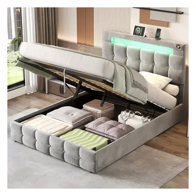 4ft6 Double Upholstered Bed Frame with Hydraulic Storage, Velvet, Grey