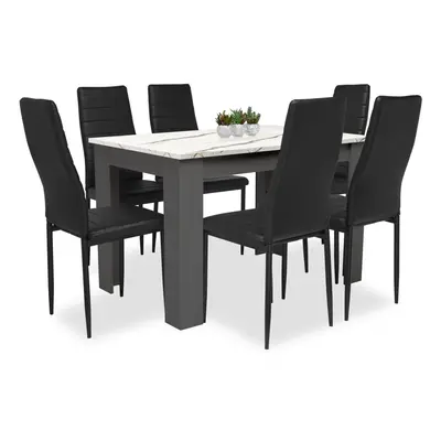 ((140cm Marble+Grey Table & Black Chairs)) Wooden Dining Table and Chairs 4/6 Set Pu Leather Sea