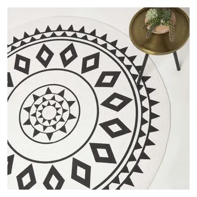 (150cm Round) Lia White & Black Mandala Handoven Cotton Rug