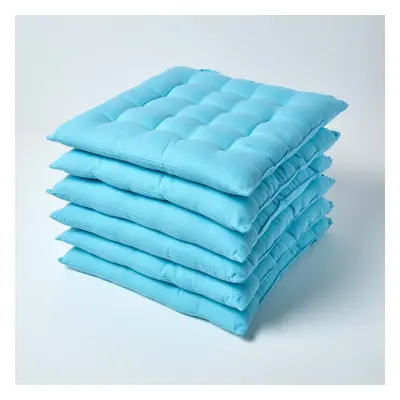 (Set of 6, Light blue) Plain Seat Pad with Button Straps 100% Cotton