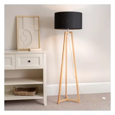 ValueLights Lottie Black Drum Shade Natural Wood Tripod Floor Lamp