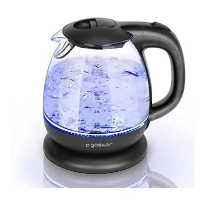 Aigostar Small Electric Kettle, 1.0L Black Glass Kettle Cordless, Compact Mini Clear Water Tea K