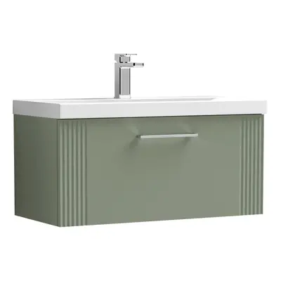 Retro Drawer Wall Hung Vanity Unit with Mid-Edge Tap Hole Ceramic Basin - 800mm - Satin Green - 