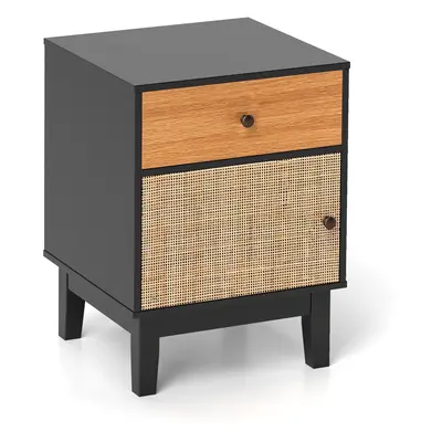 Rattan Nightstand Mid Century Modern Bedside Table w/Drawer-Black