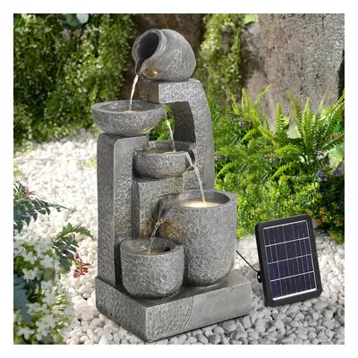 Grey Layered Cascade Waterfall Solar Powered Resin Water Fountain with LED Light cm