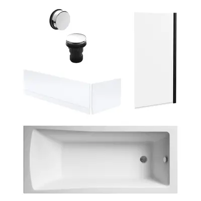 Square Single Ended Bath, Square Black Screen, Panels, Chrome Waste - 1700x700mm