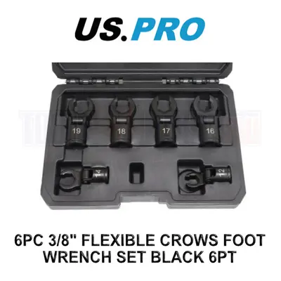 US PRO Tools 6pc 3/8" Dr Flexible Crows Foot Wrench Set Black 6pt 12-19mm