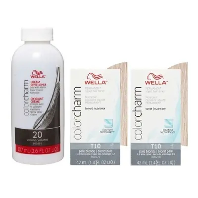 (T10 (2x), Dev (Vol.20) 3.6oz) Wella Color Charm T10 Pale Blonde Permanent Liquid Hair Toner