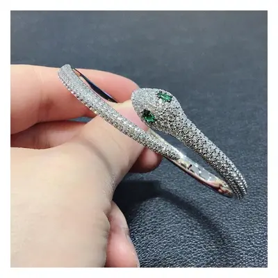 (as the picture) S925 Sterling Silver Snake Cuff Bangle Cute Style Green Eyes Semi Circle Cz Zir