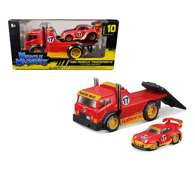 JDM Flatbed Truck Red RAUHWelt BEGRIFF and Porsche RWB 993 Red Muscle Transports Series Diecast 