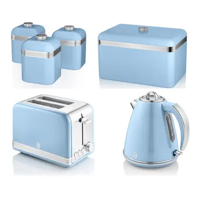 Swan Retro Blue Jug Kettle, Slice Toaster, Bread Bin & Canisters Set