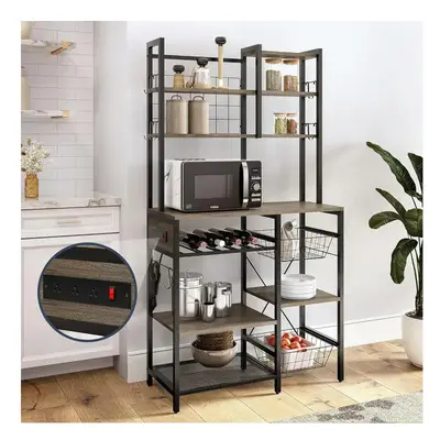 (Grey) Kitchen Bakers Rack with Power Outlet,7-Tier Coffee Bar Table, Microwave Stand with Stora