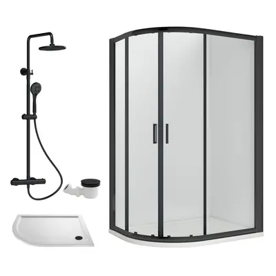 Ruwa Shower Enclosure Bundle - Offset Left Quadrant, Tray, Round Shower & Waste - White/Black - 