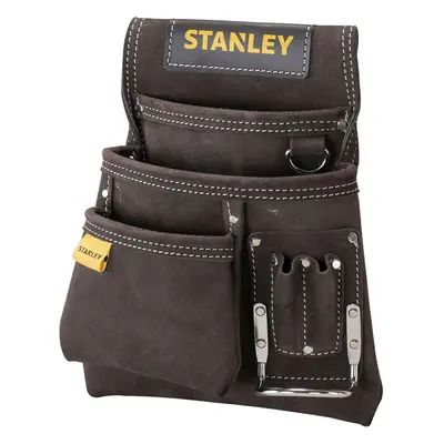 STANLEY Leather Tool Pouch, Double Pocket Storage Organiser, Hammer Loop, STST1-80114, Dark Brow